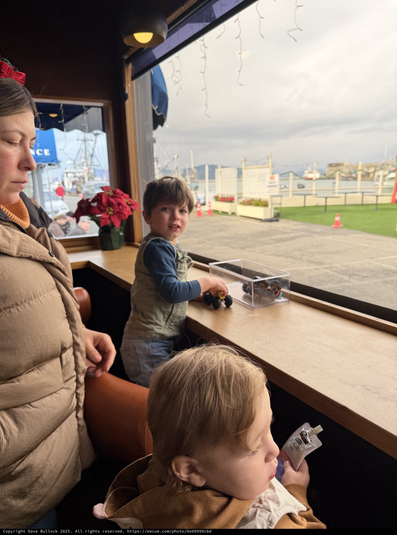 Family Moment at Waterfront Cafe During Winter Holidays