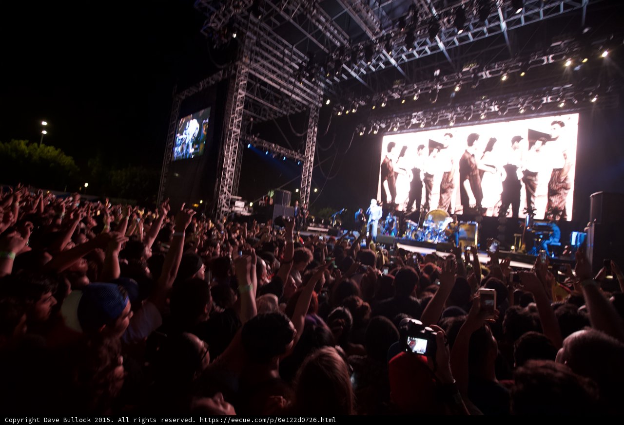 Morrissey Wide Stage Crowd The Smiths Video Screen Stadium Lights Scaffolding Arms Raised Phones