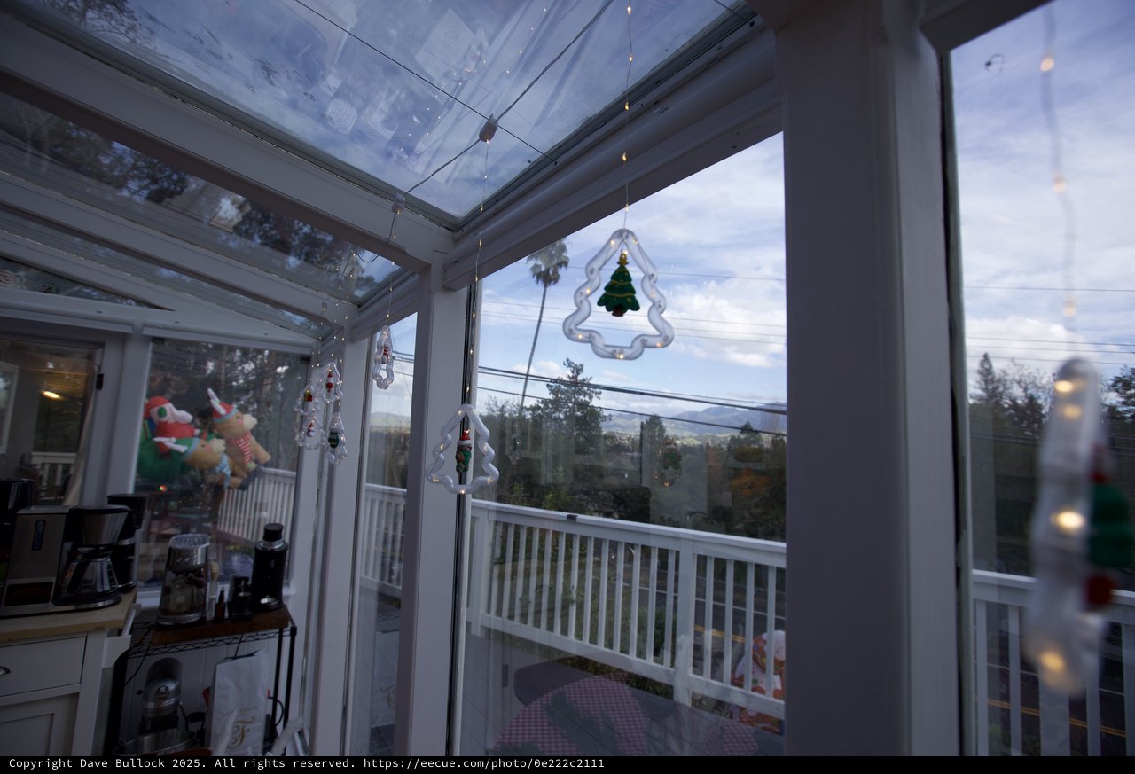 Christmas Decorated Sunroom with Holiday Ornaments at Dusk