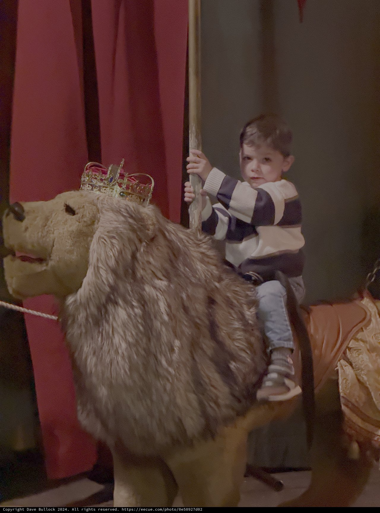 Child Rides Carousel Lion with Golden Crown