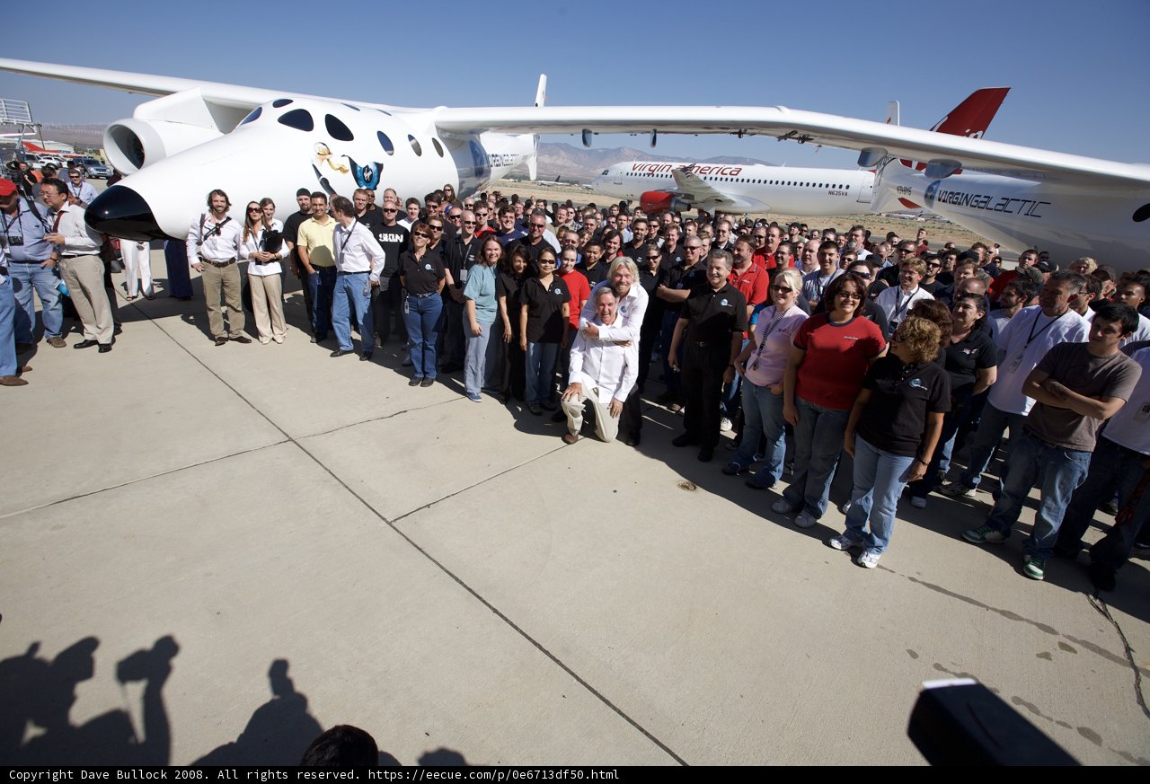 Richard Branson and team stand in front of White Knight Two