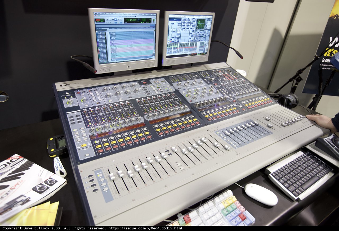 Studio Mixing Board with Dual Monitors and Keyboard