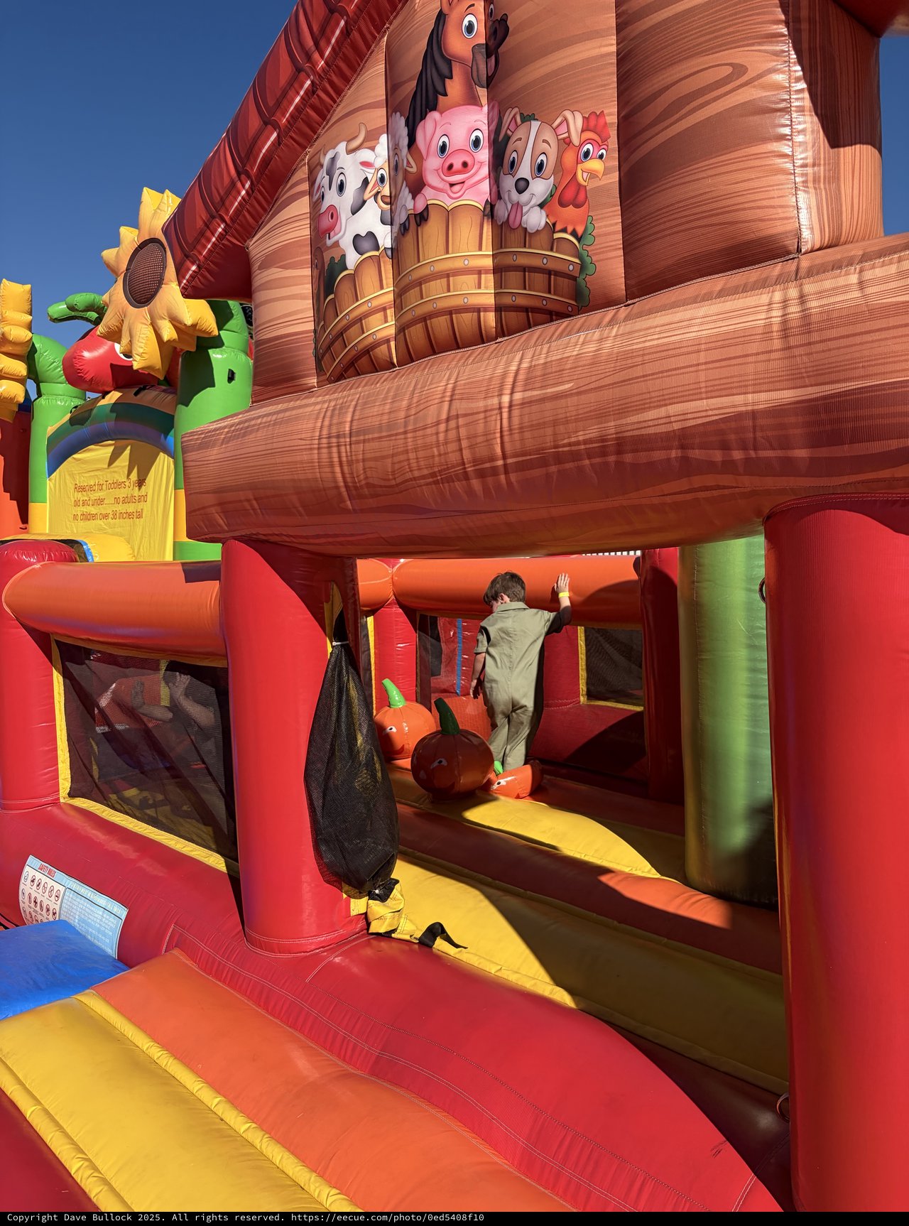 Child Playing in Farm-Themed Inflatable Bouncy Castle