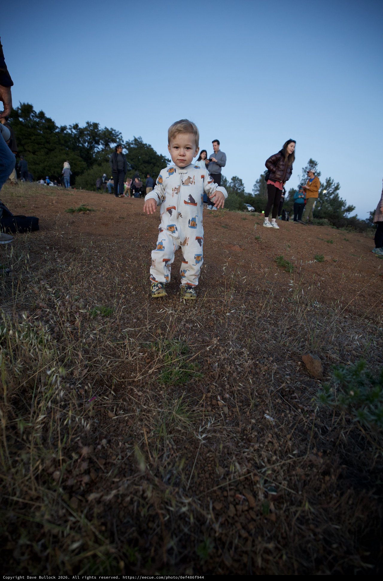 Toddler Explores Mt. Diablo at Dusk in Campsite Onesie