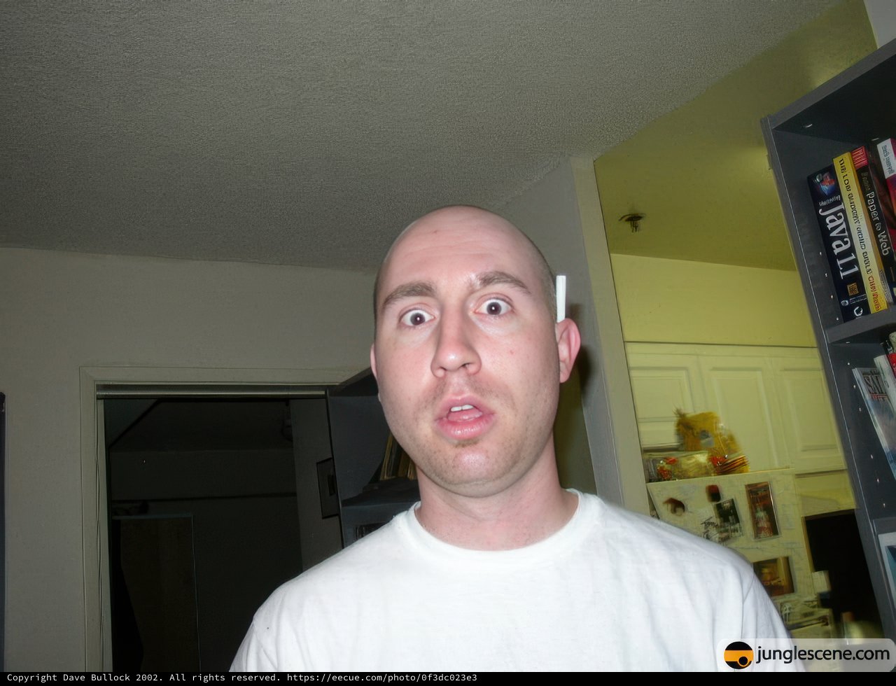 Bald Headed Man Captures Selfie by Bookshelf