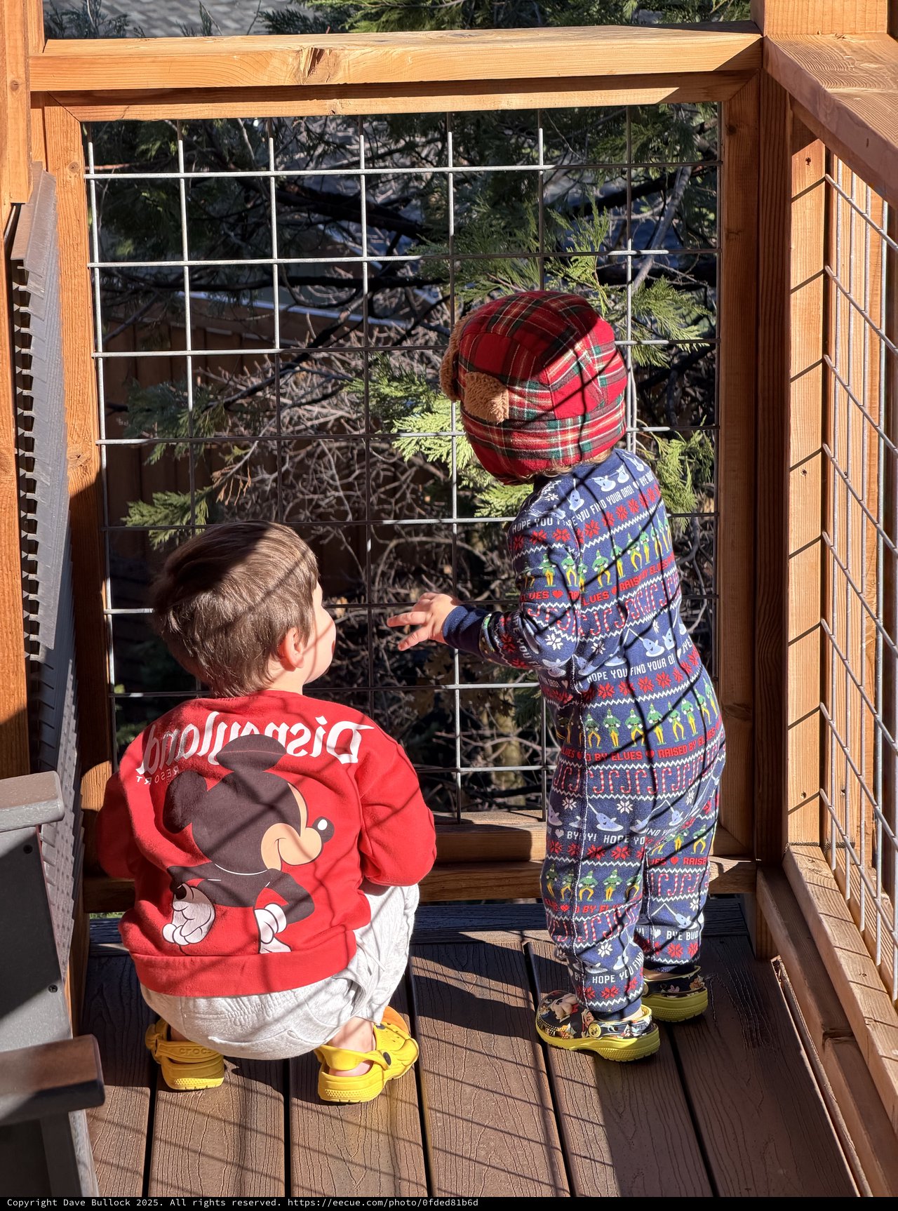 Two Toddlers Exploring a Snowy Yosemite Deck Together