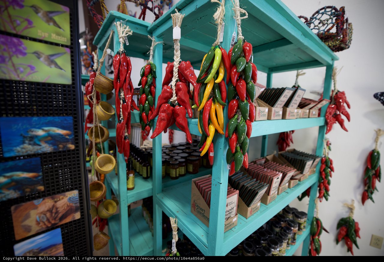Colorful Chili Pepper Display in Turquoise Gift Shop