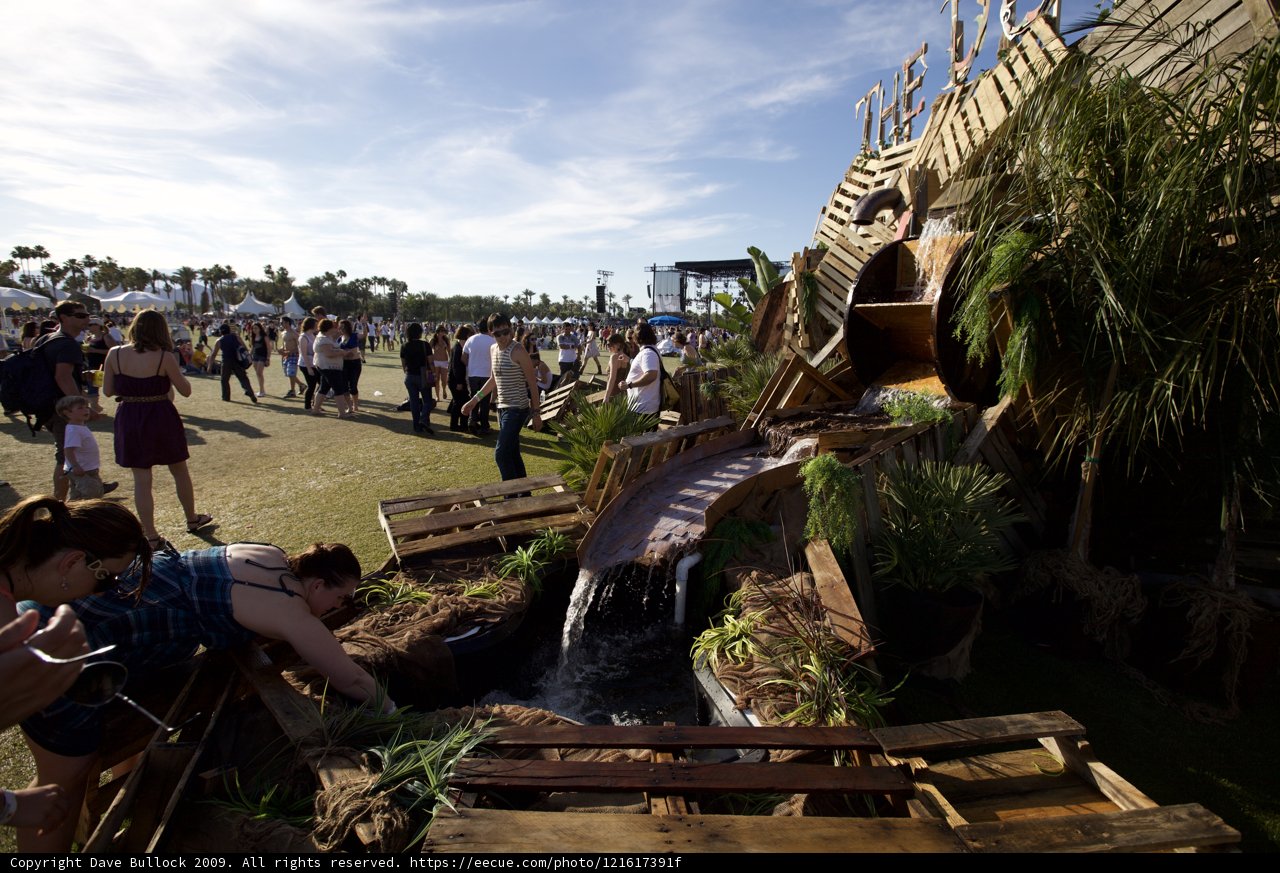 The Majestic Wooden Arbour with Waterfall and Crowds at Coachella 2009