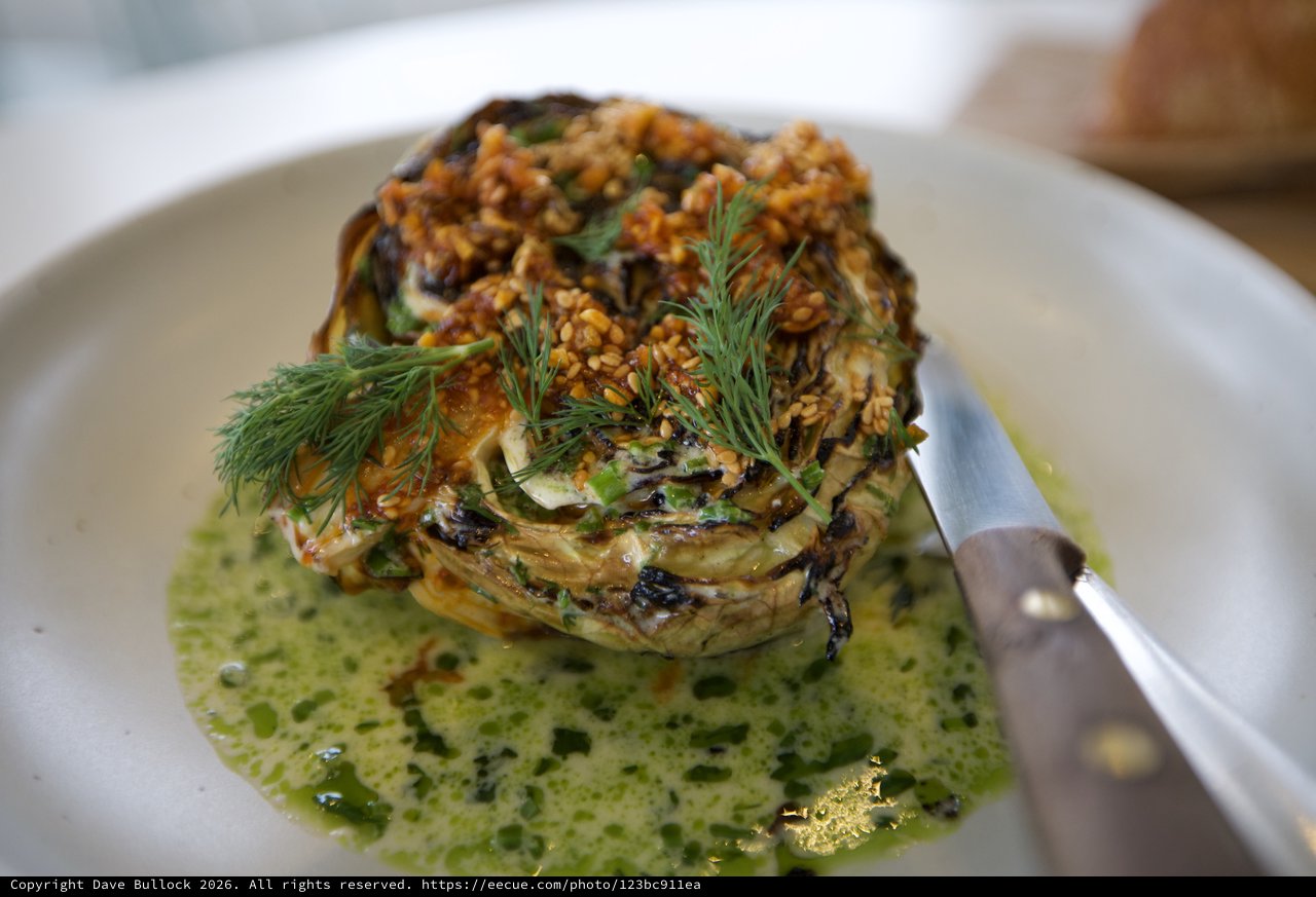 Roasted Cabbage with Sesame Crust and Green Herb Sauce
