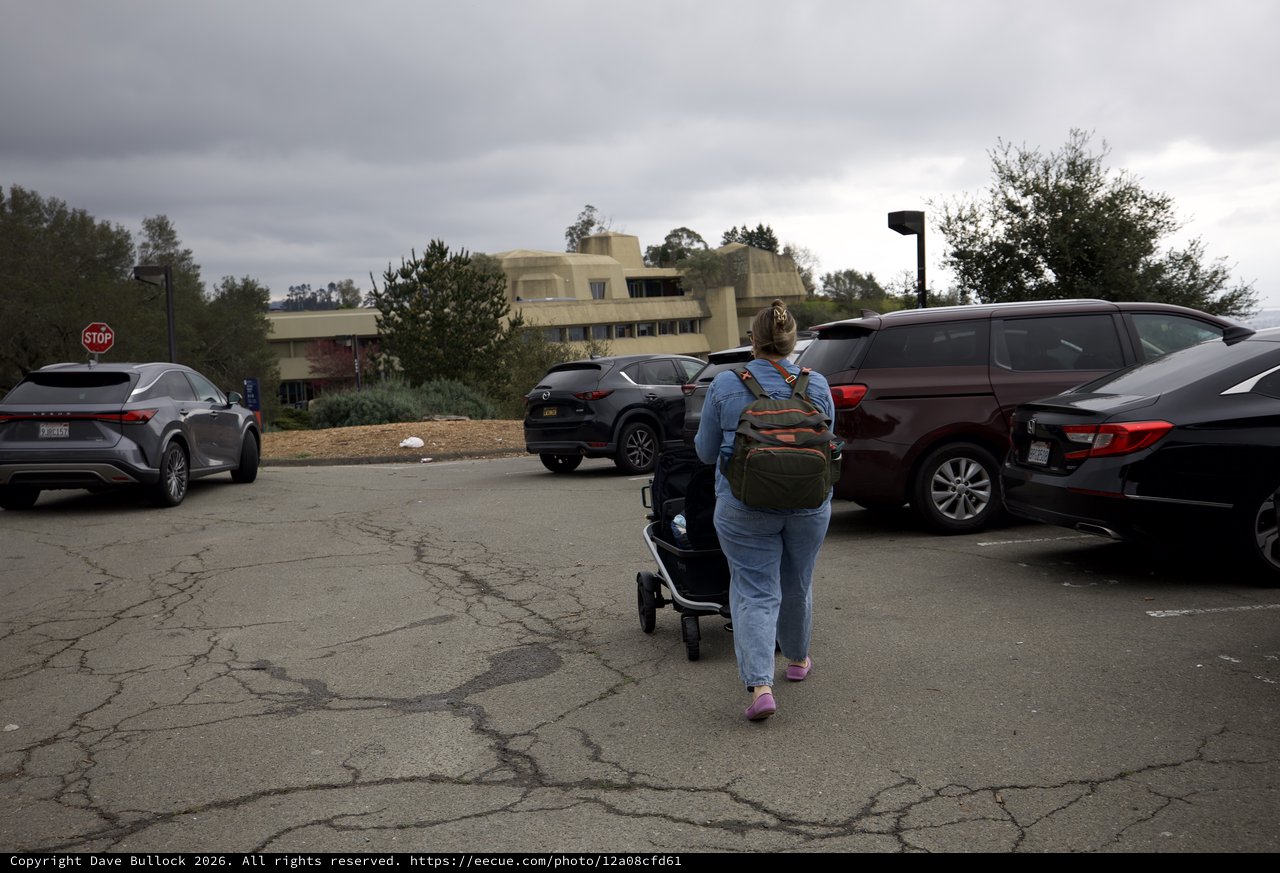 Mother and Child Navigate Parking Lot on Overcast Day