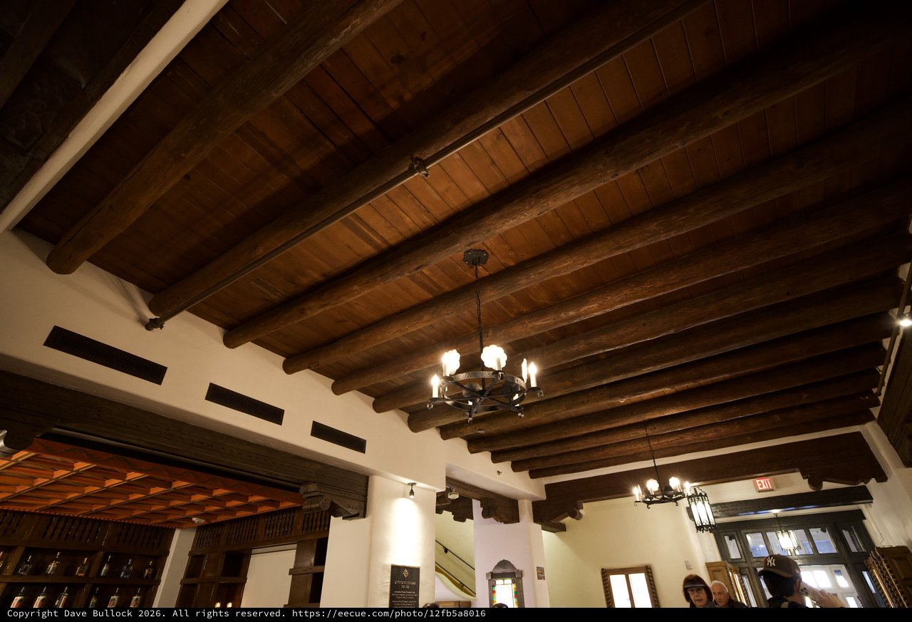 Spanish Colonial Beamed Ceiling with Wrought Iron Chandeliers