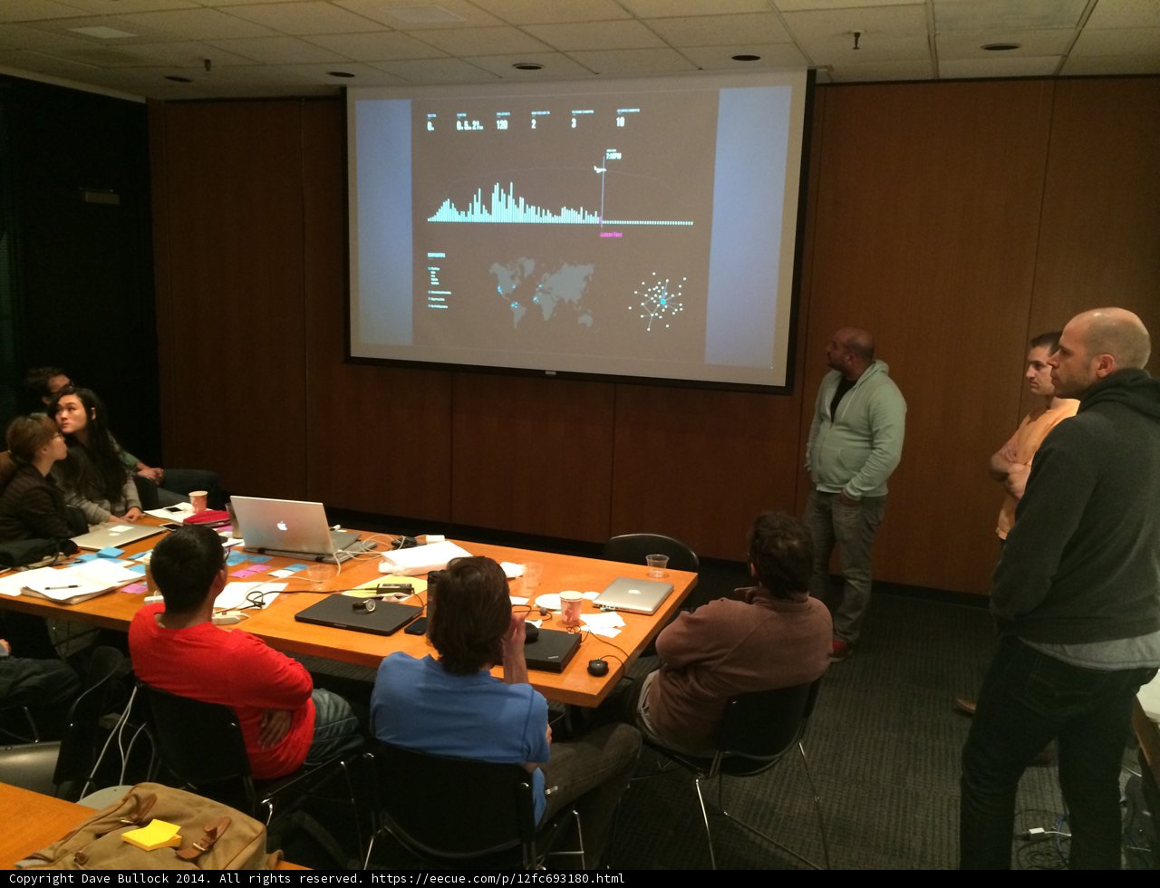 Conference gathering with laptops and projection screen