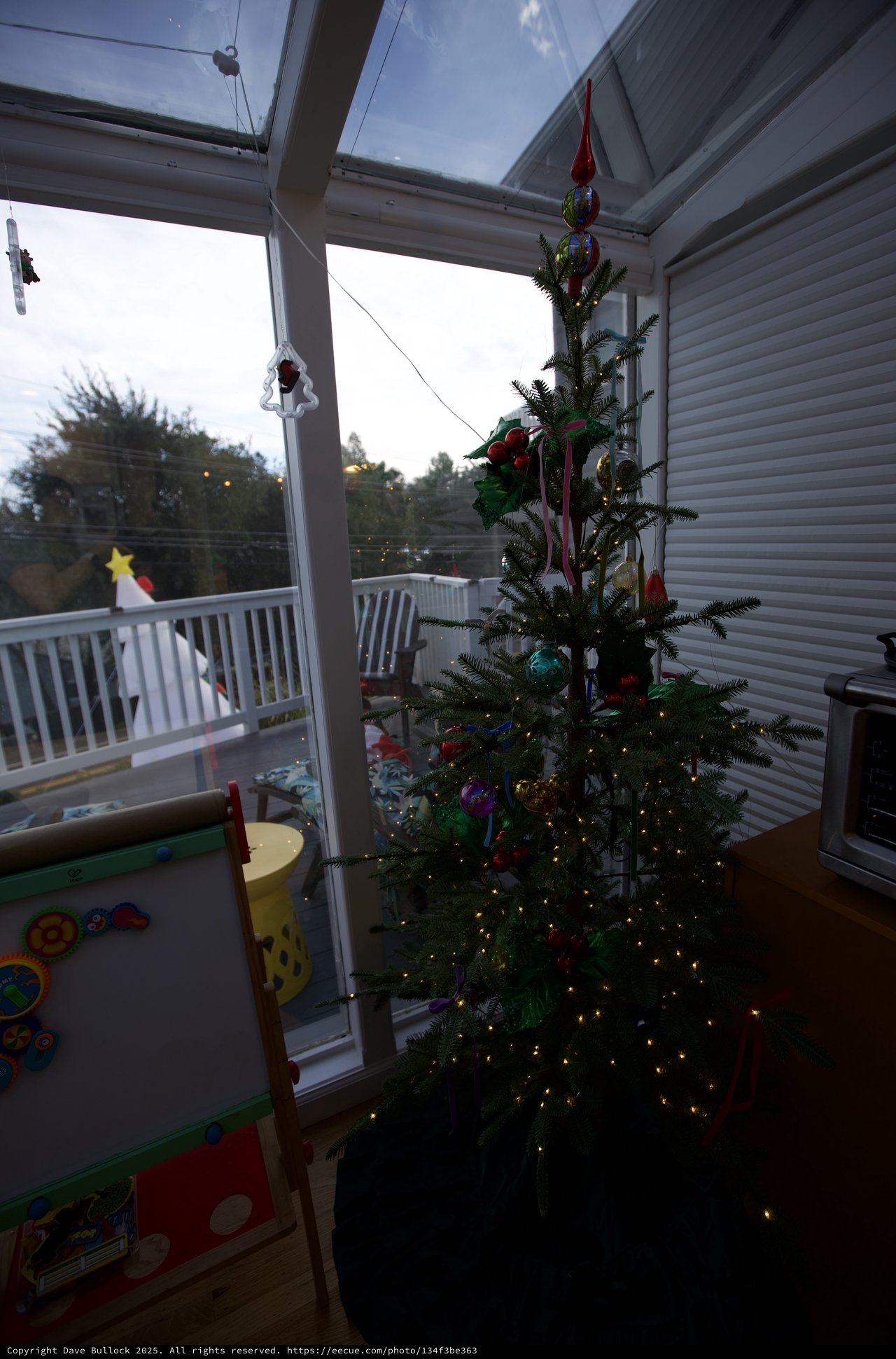 Christmas Tree in Enclosed Porch at Dusk