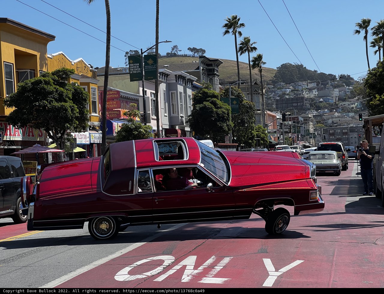 Driving under a bright San Francisco sky