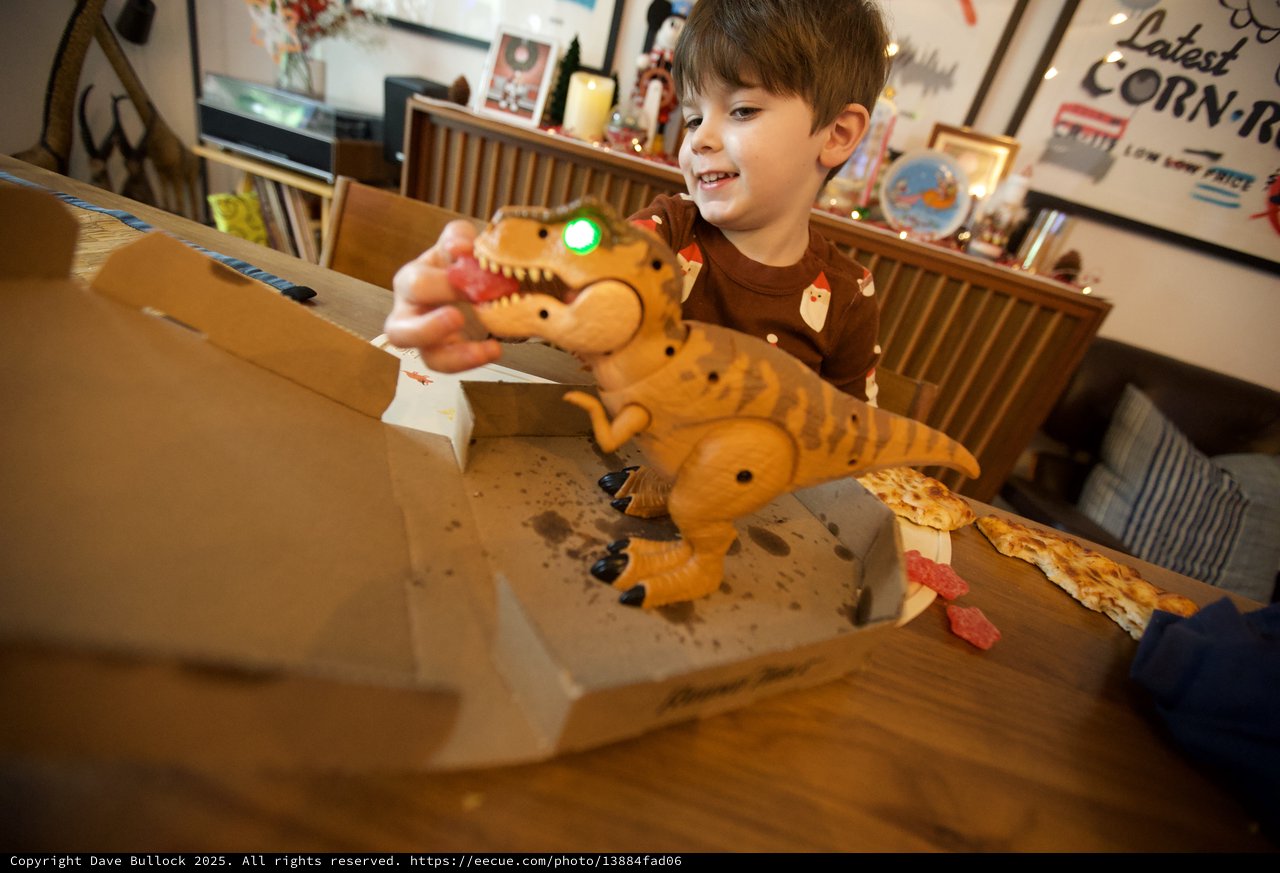 Child Playing with Interactive T-Rex Toy on Christmas