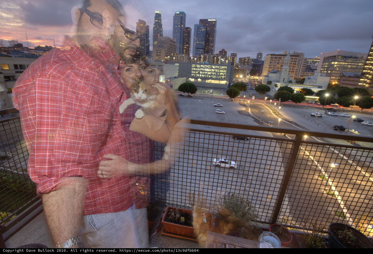 Couple with Cat on LA Rooftop at Dusk