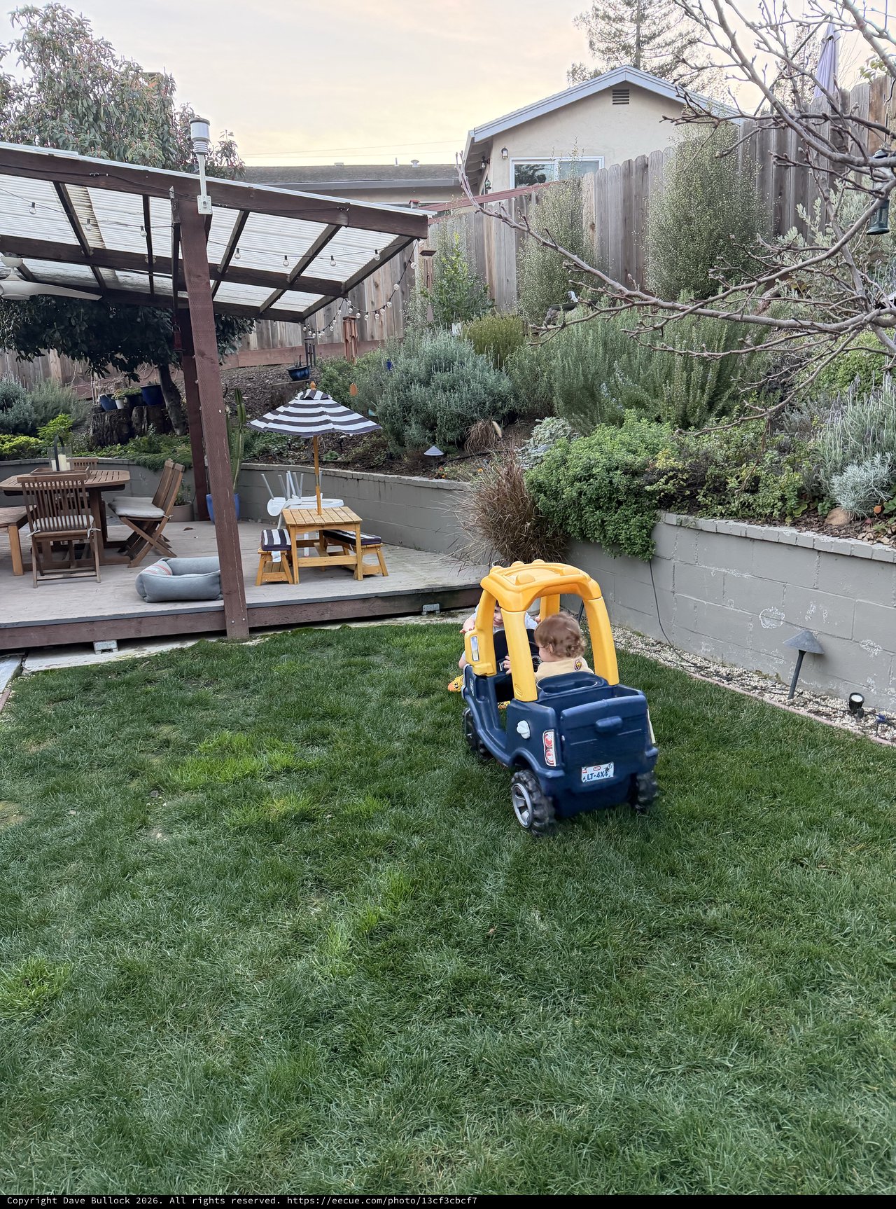 Child Playing in Backyard with Toy Truck at Dusk