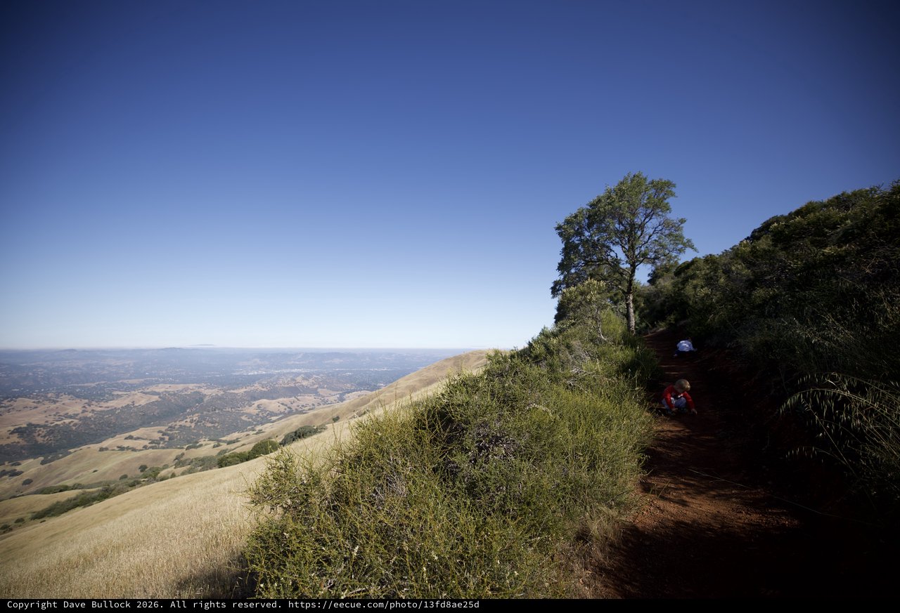 Hikers Resting on Mt. Diablo Trail Above the Valley