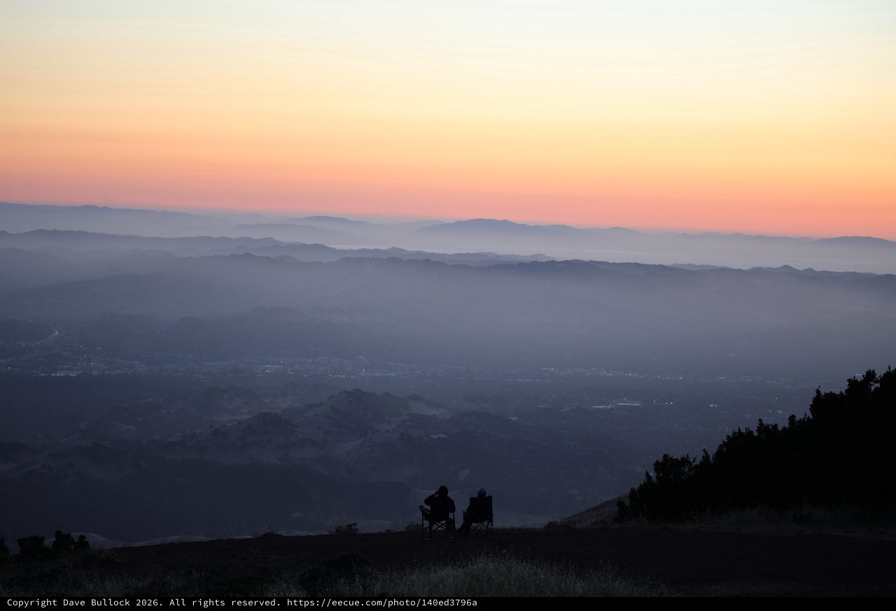 Two Silhouettes Watching Sunset Over Layered Mountain Valleys