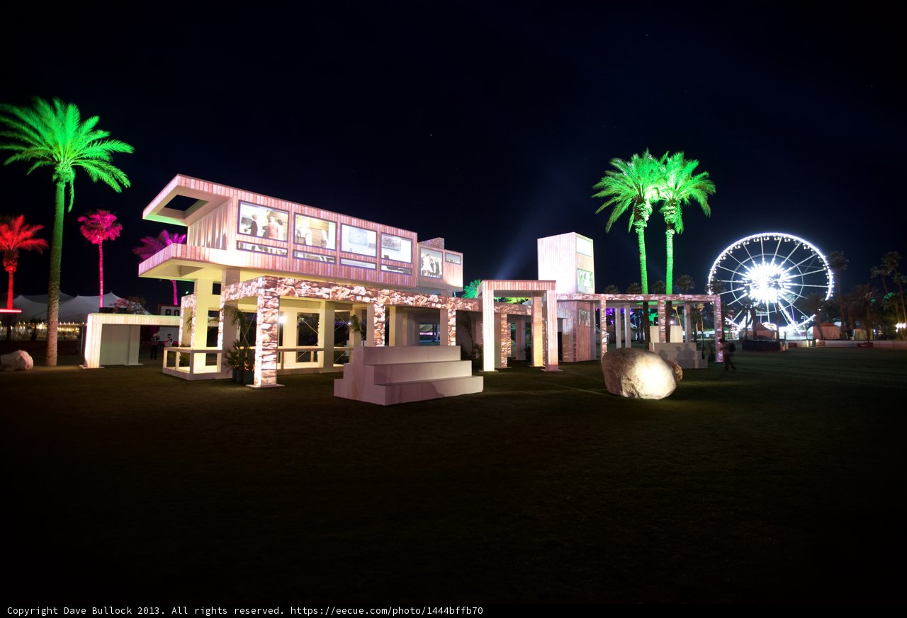 Colorful Night Display with Palm Trees