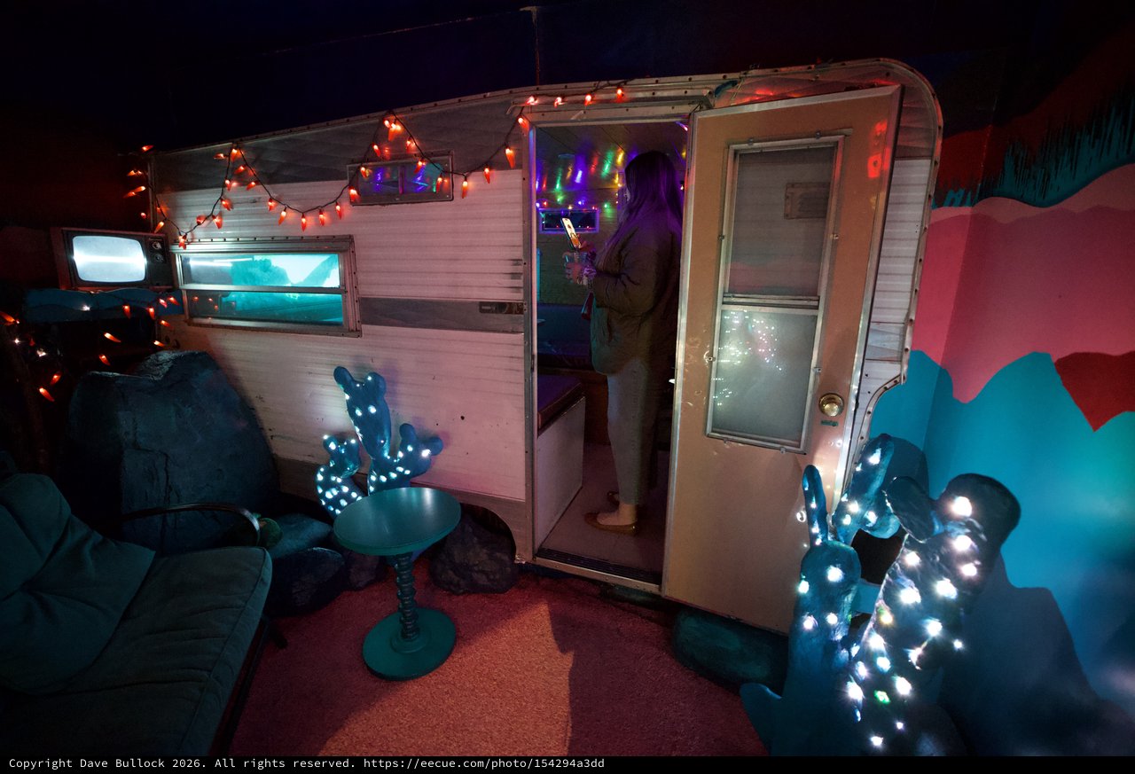 Whimsical Desert Trailer Art Installation at Night
