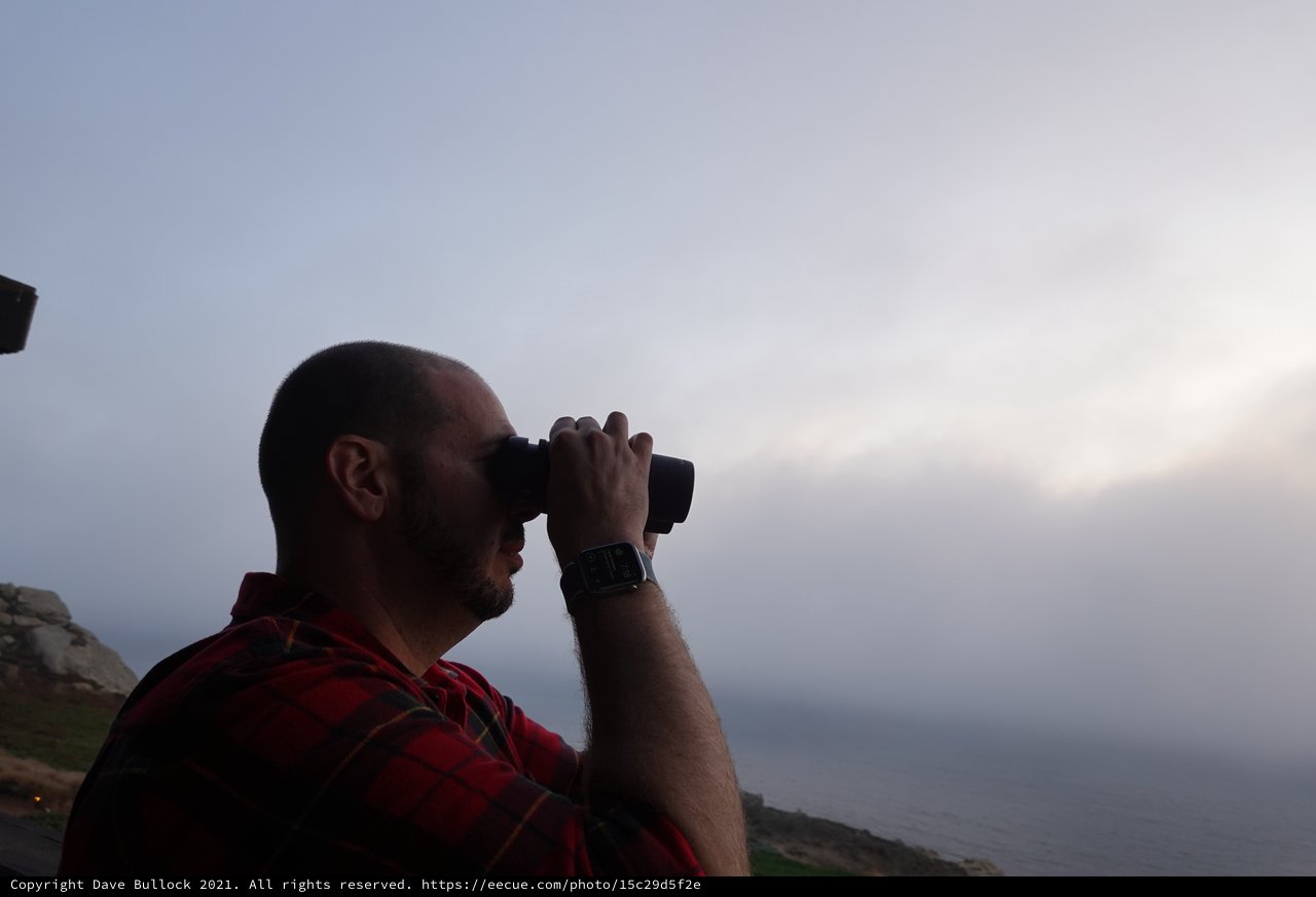 Man with Binoculars Observing Coastal Landscape