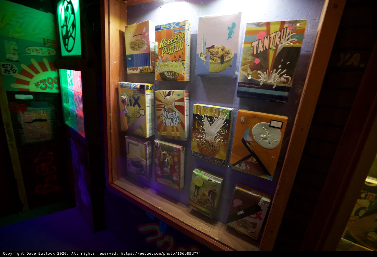 Vintage Cereal Box Display in Nostalgic Museum Setting