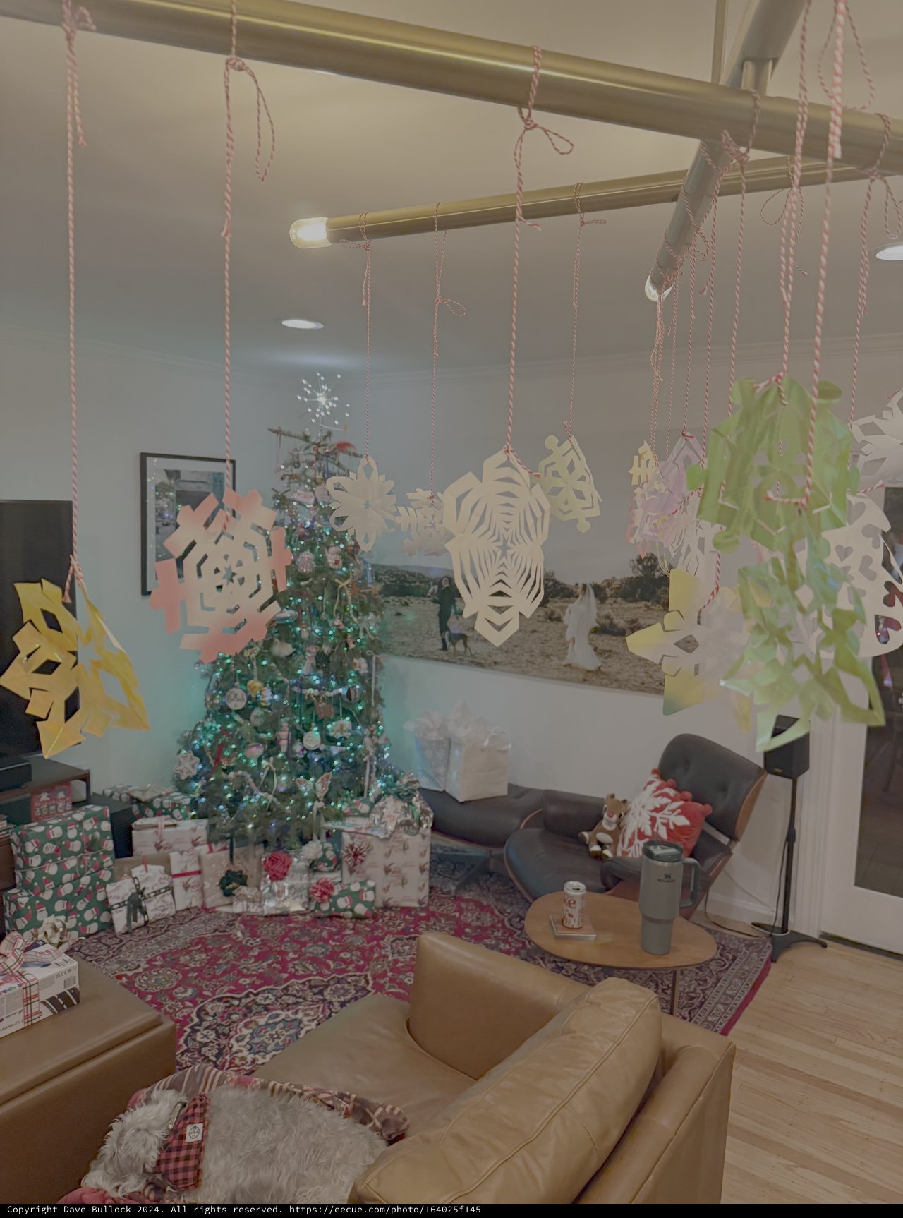 Festive Christmas Living Room with Paper Snowflakes