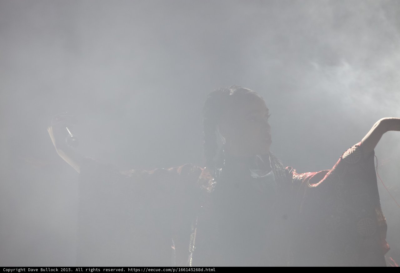 FKA twigs Backlit Silhouette Arms Spread Heavy White Haze Braids Red Kimono Microphone Expressive Gesture Ethereal