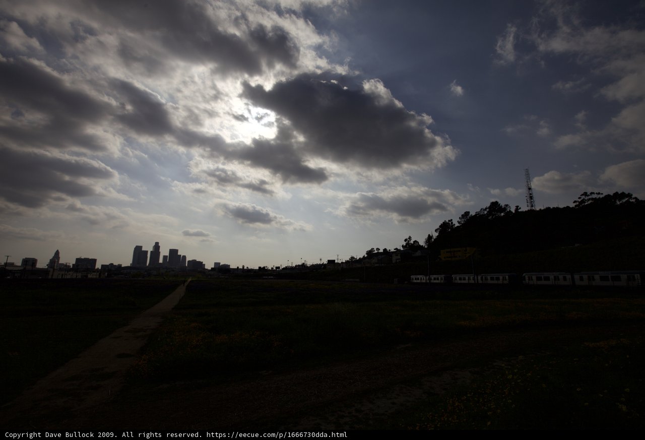 Train Passing Through Lush Green Field with a Cityscape in the Background