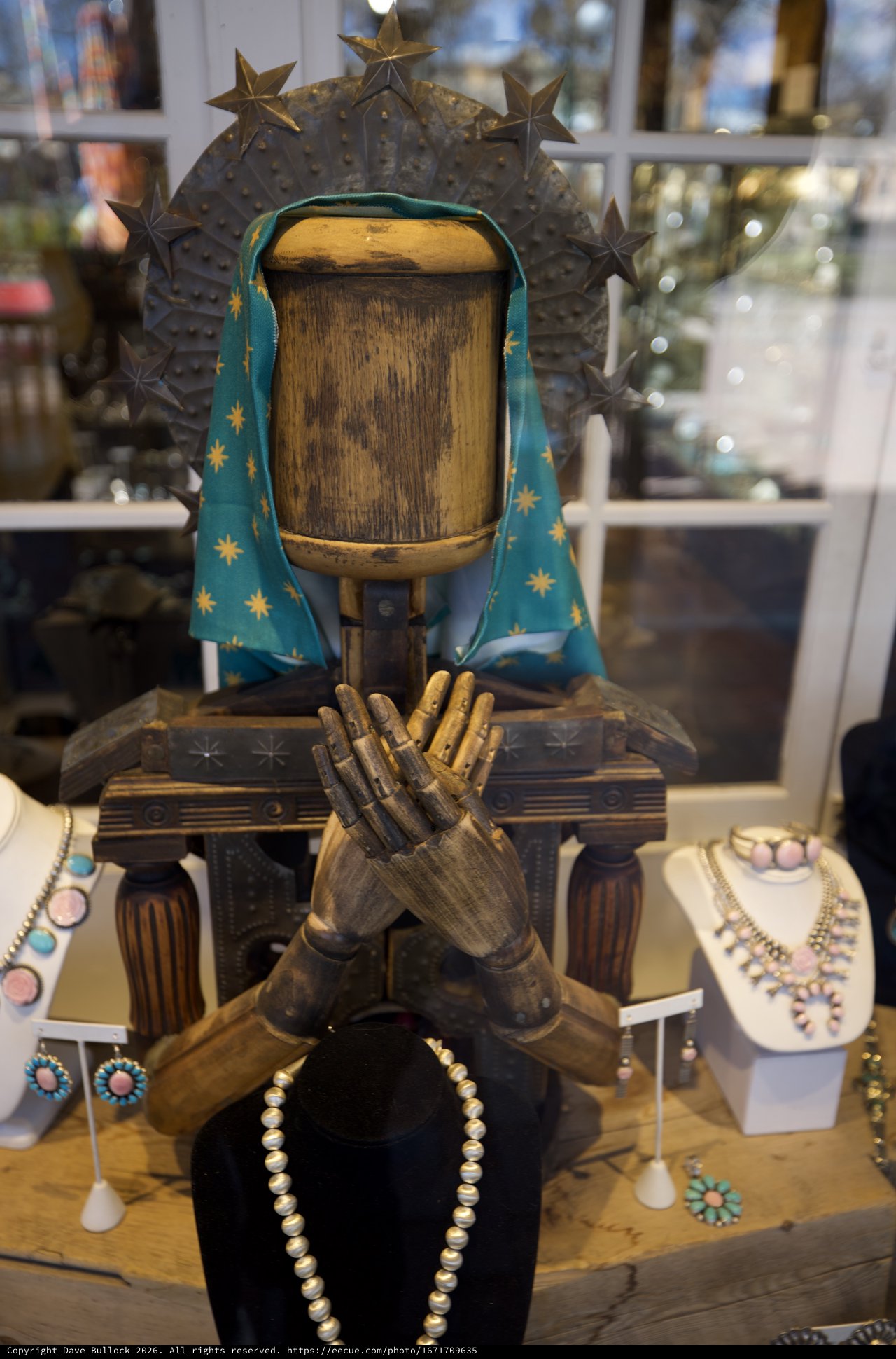 Religious Folk Art Sculpture Display with Southwestern Jewelry