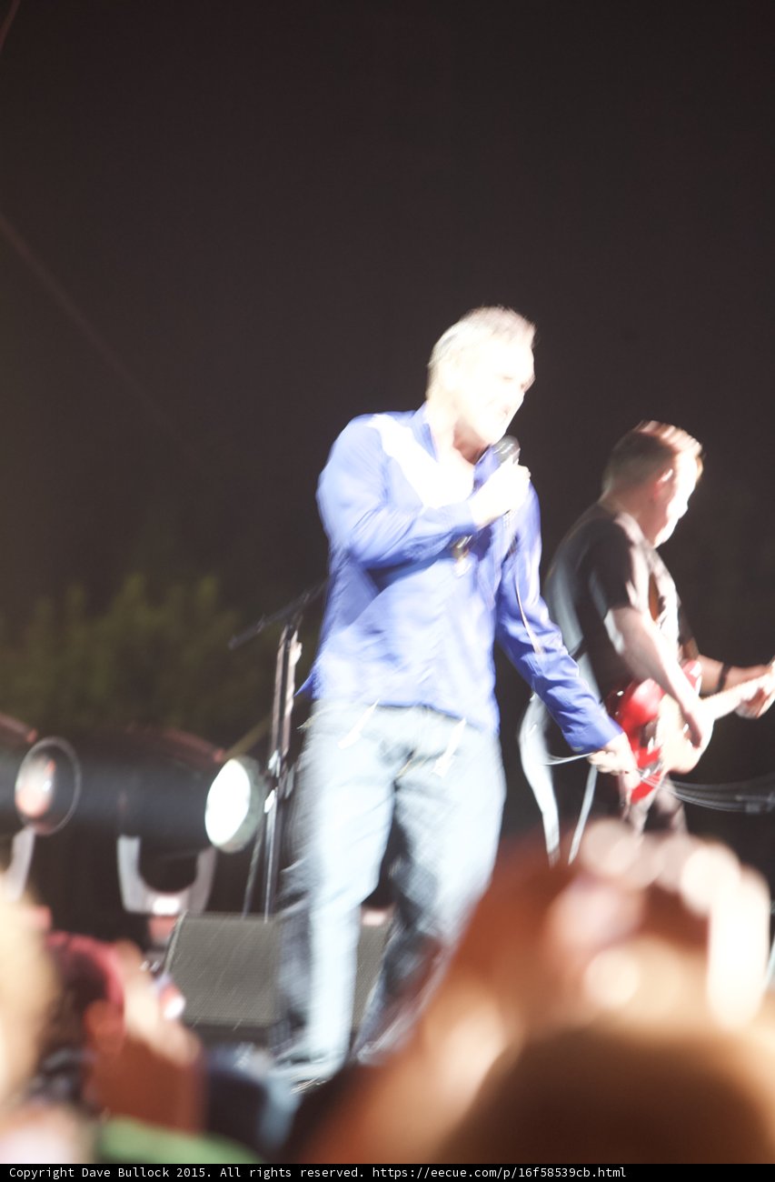 Morrissey Motion Blur Singing Blue Shirt Guitarist Red Guitar Crowd Arms Raised Stage Light