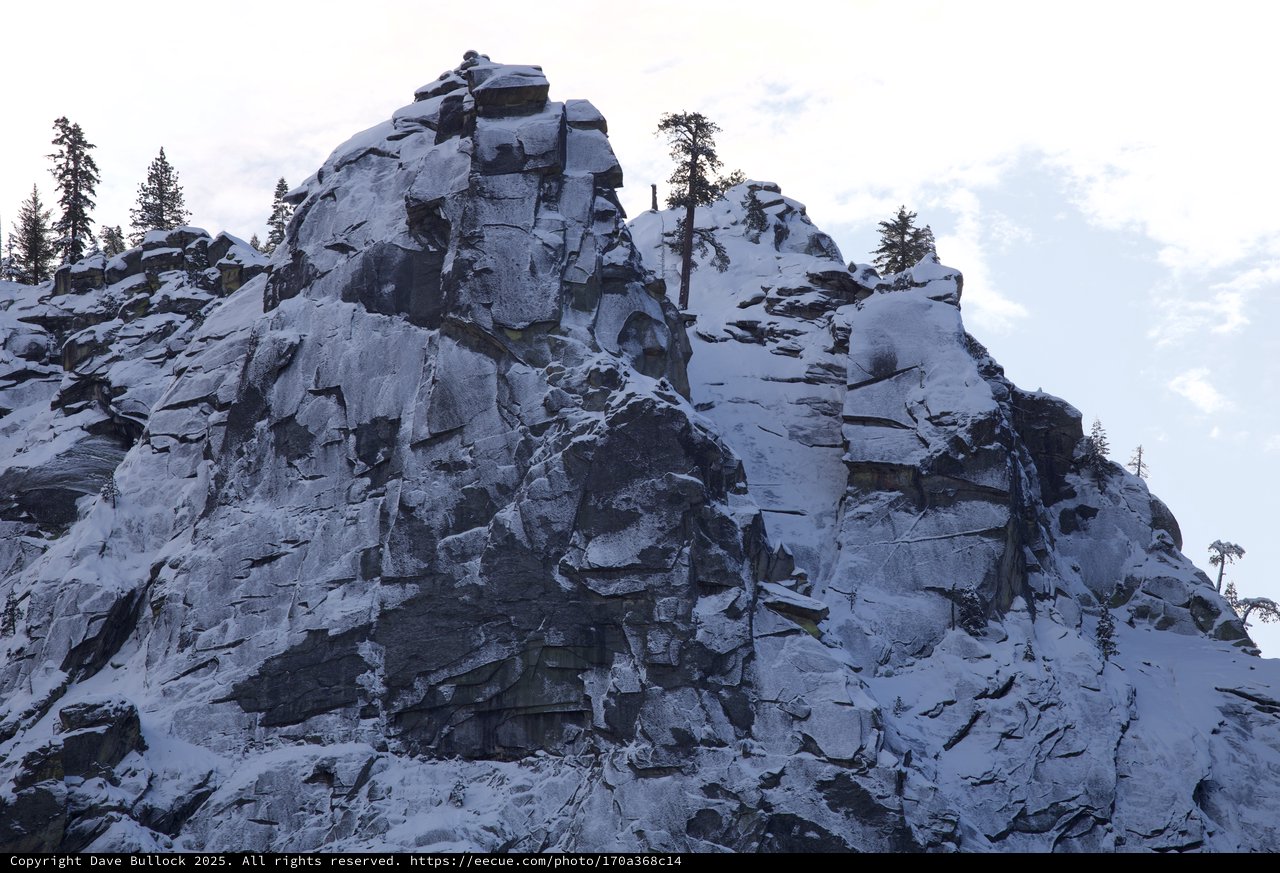 Snow-Covered Rocky Summit with Sentinel Trees