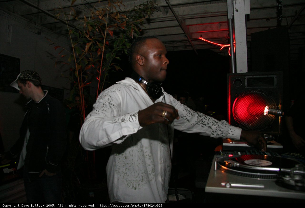 DJ SS Entertains Crowd with Impressive DJ Set Caption: DJ SS captivates the audience with his exceptional musical talent as he plays a set on his deck, surrounded by electronic equipment, speakers, and lush plants.