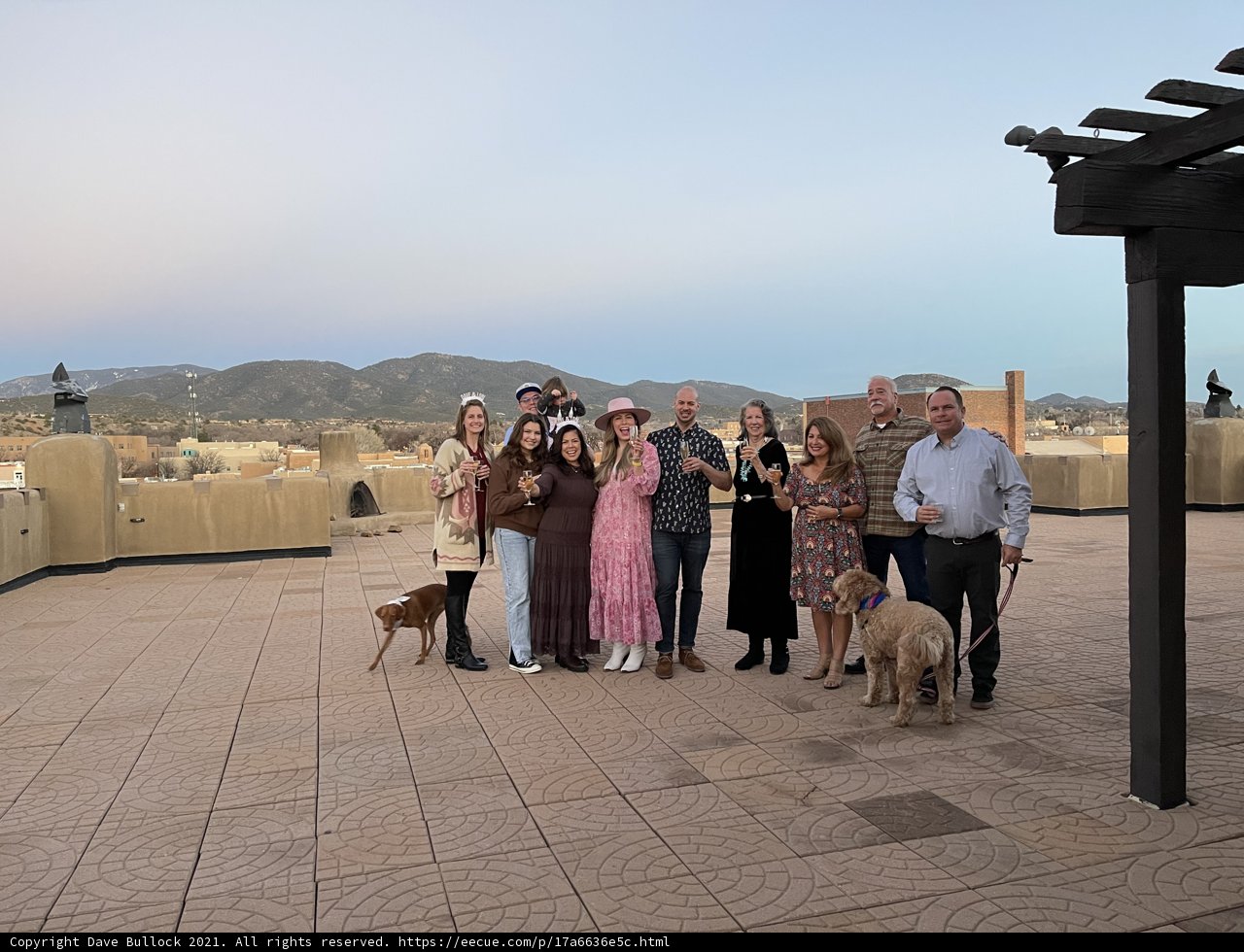 Group Gathering on the Patio with Their Four-Legged Friend
