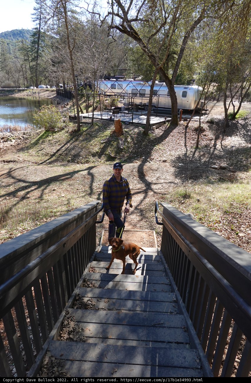 Man and his canine companion climbing the path