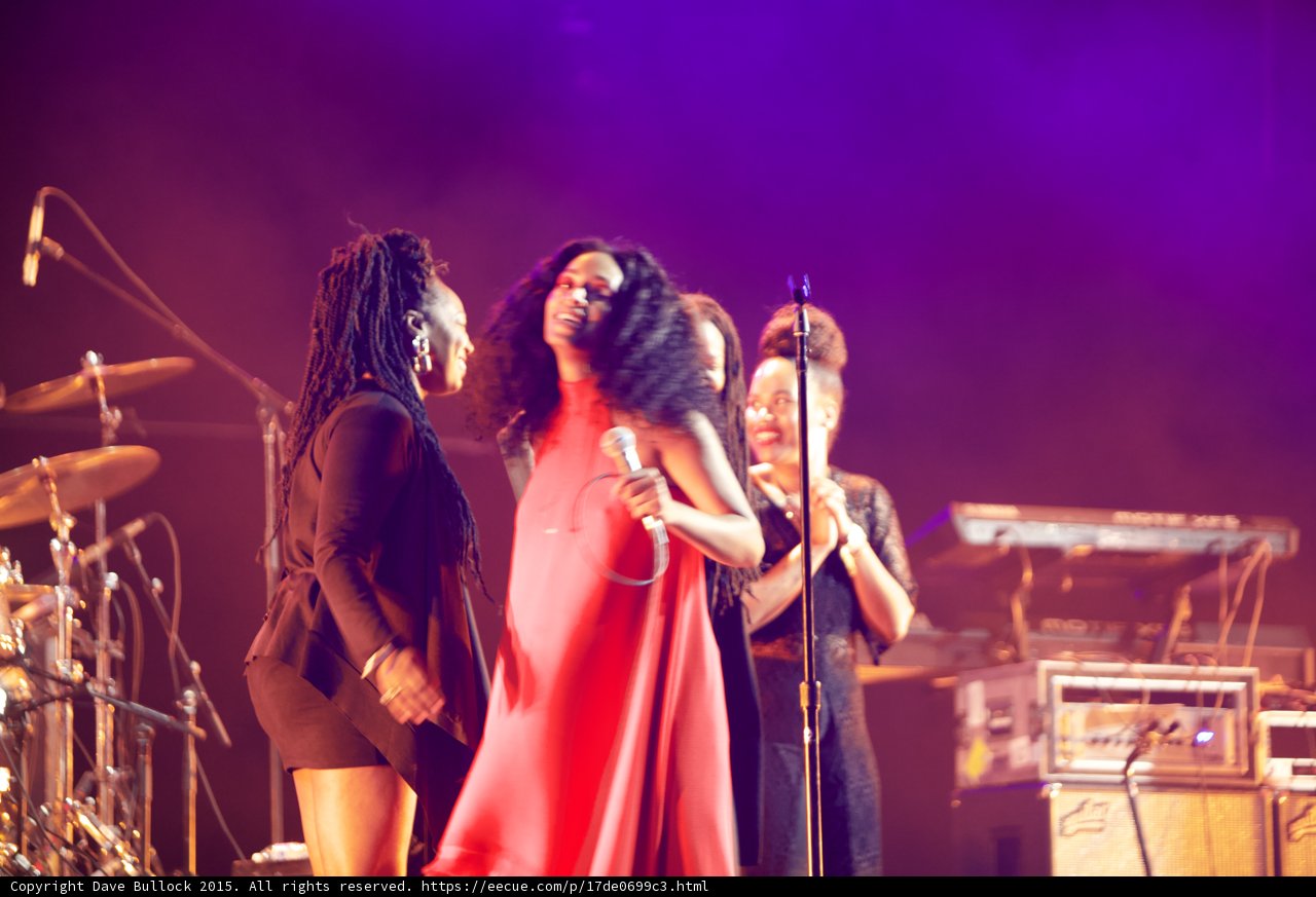Solange Red Dress Band Members Dreadlocks Black Lace Updo Smiling Purple