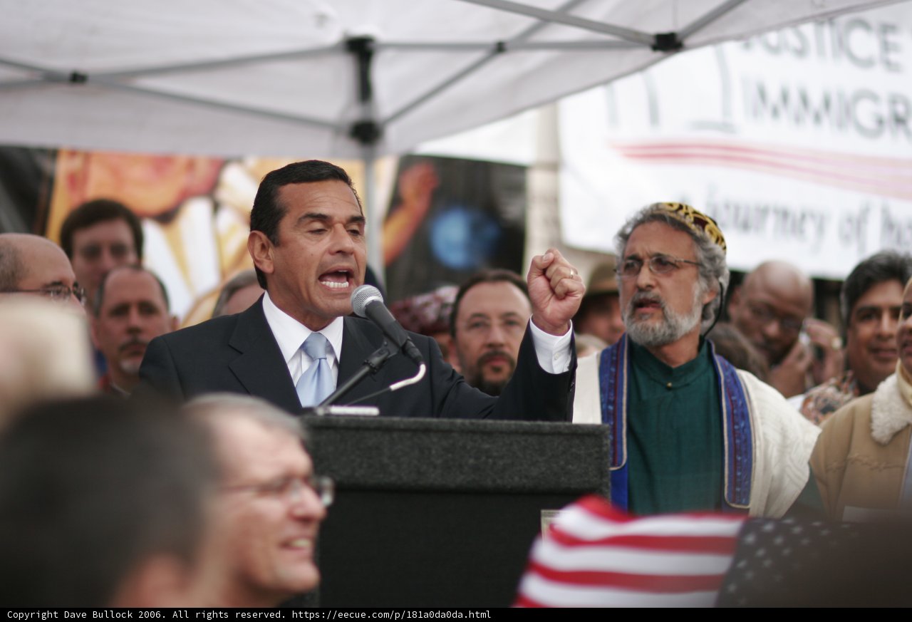 Antonio Villaraigosa Speaking at a Rally with the American Flag