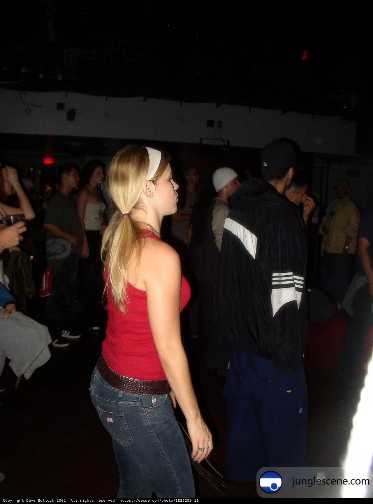 Dancing the Night Away Caption: A woman in a red shirt and jeans joins the crowd at the disco, wearing three hats and accessorizing with a necklace, two handbags, and a belt.