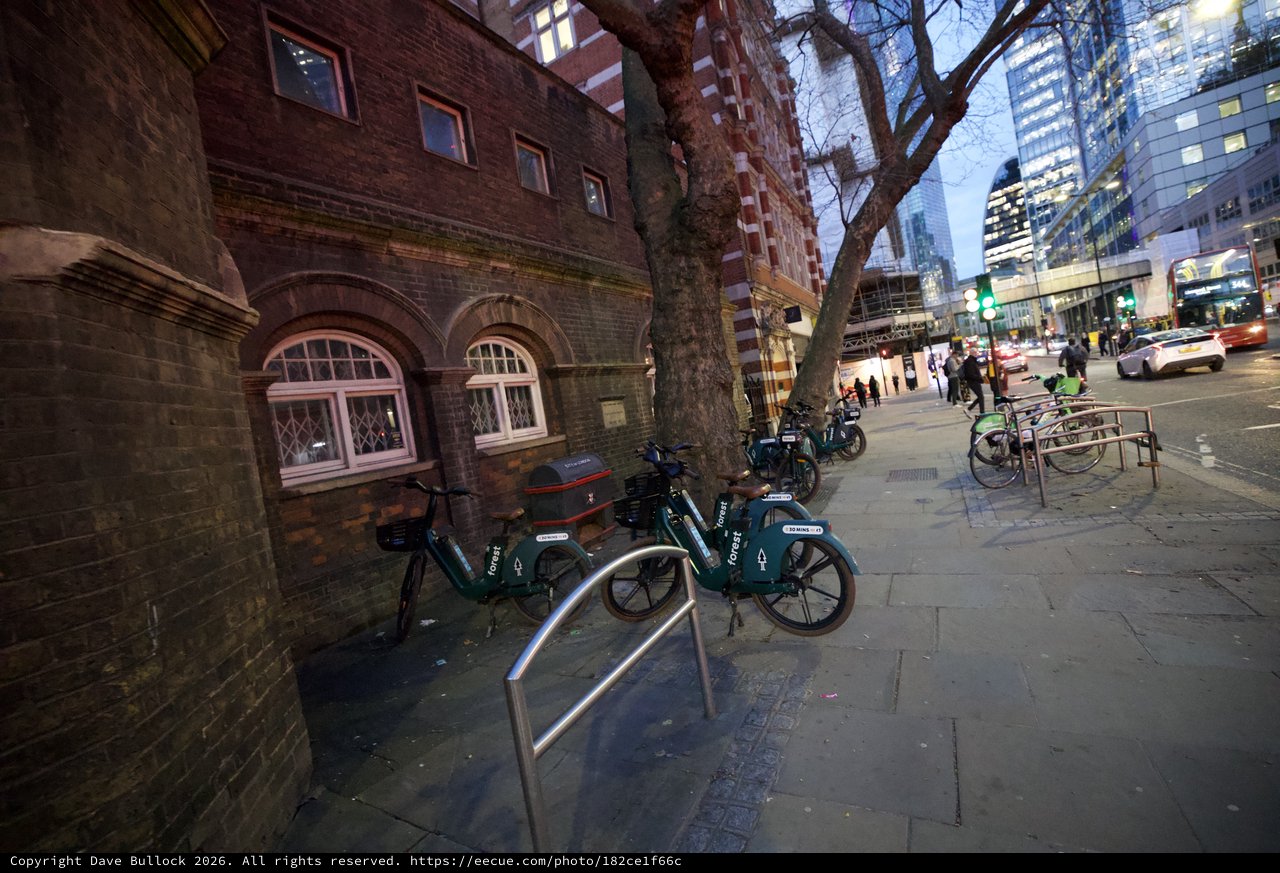 Urban Twilight: Bike Share Station in Historic London