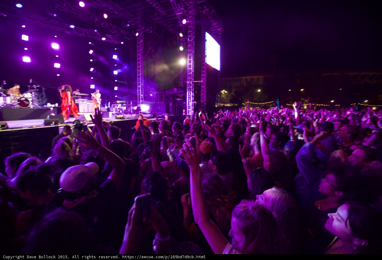FYF Fest Wide Crowd Stage Band Solange Red Dress Video Screen Purple Night