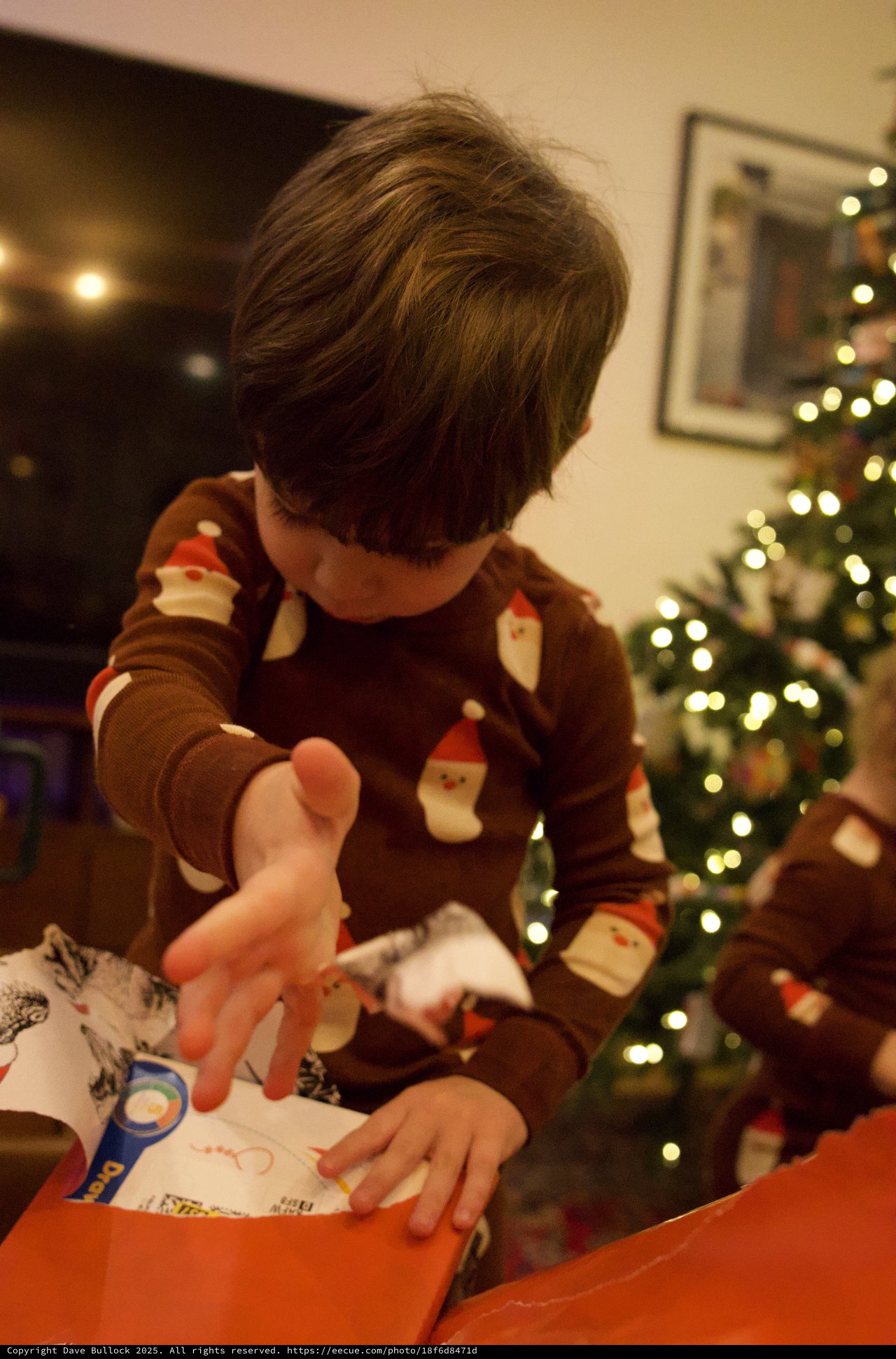 Child Opening Christmas Presents by the Tree