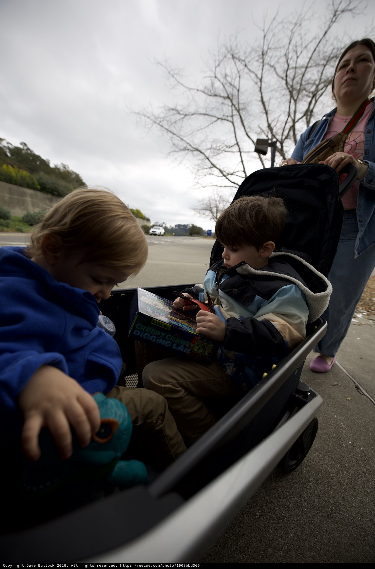 Children Reading in Wagon During Overcast Day Outing
