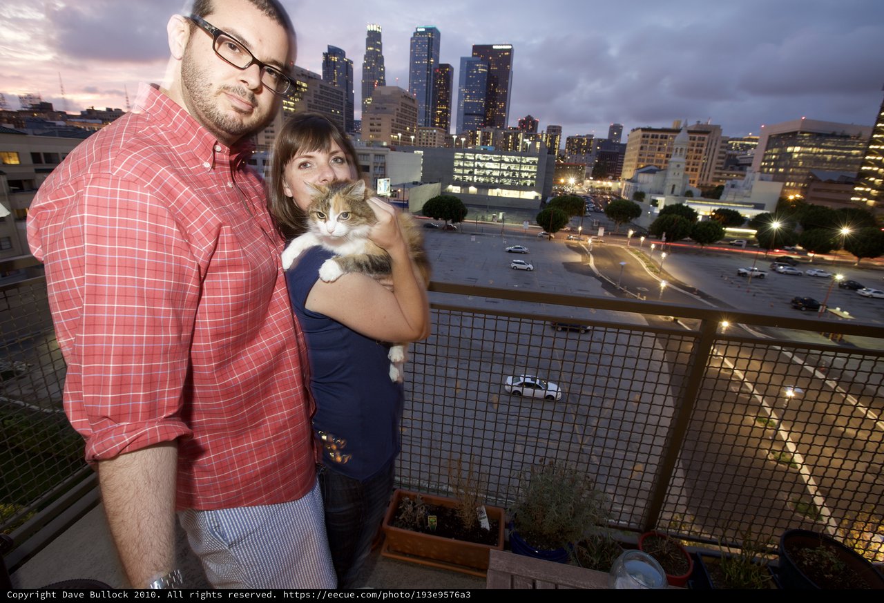 Couple with Cat on Downtown Los Angeles Rooftop Balcony