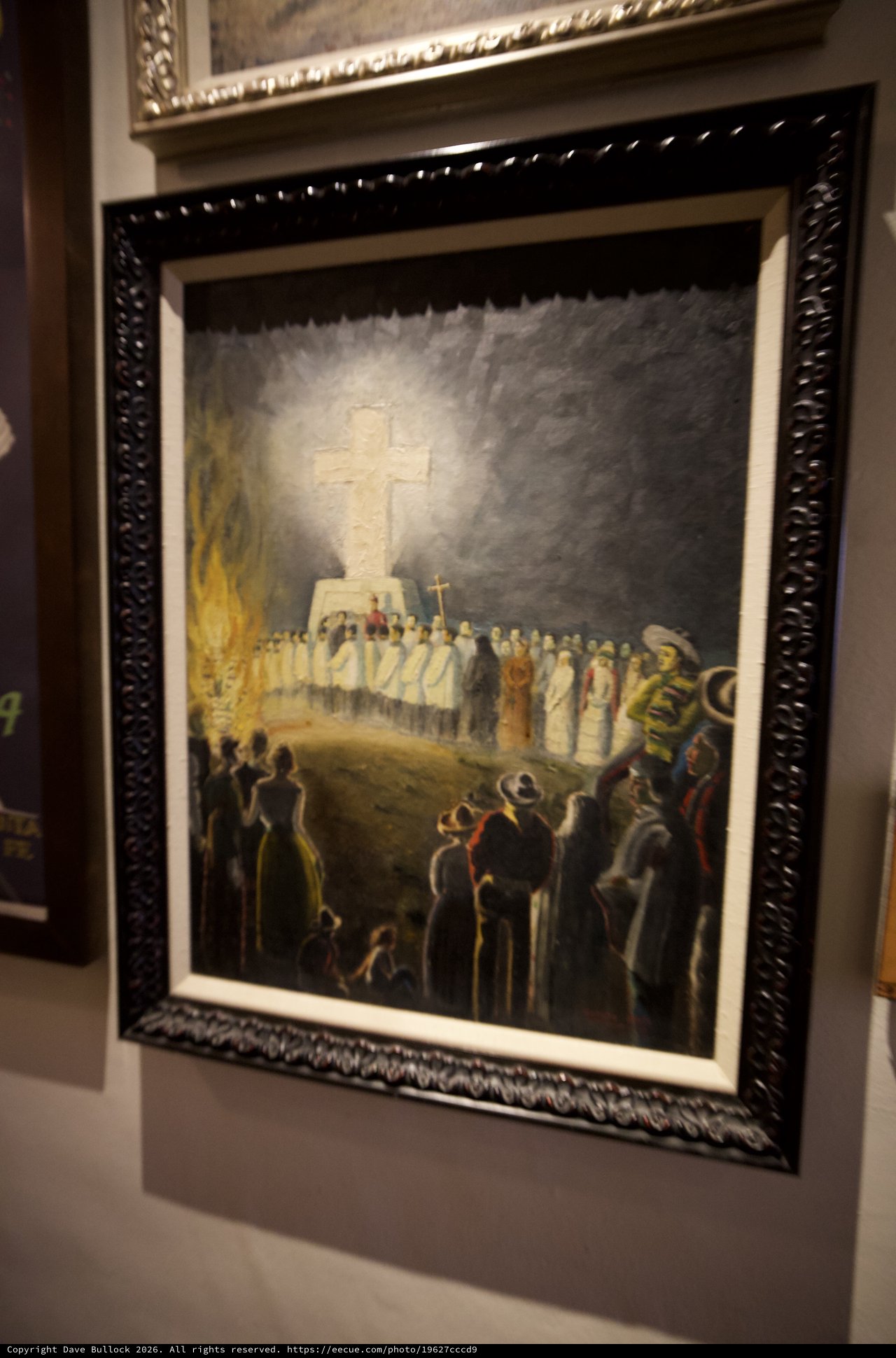 Religious Ceremony Painting with Illuminated Cross and Gathered Congregation