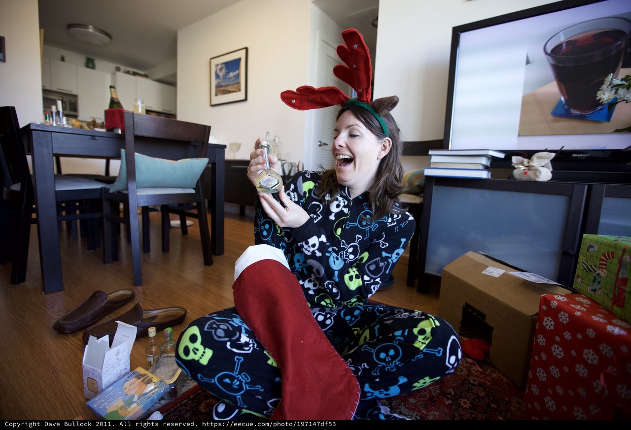 Joyful Christmas Morning in Reindeer Pajamas with Stocking