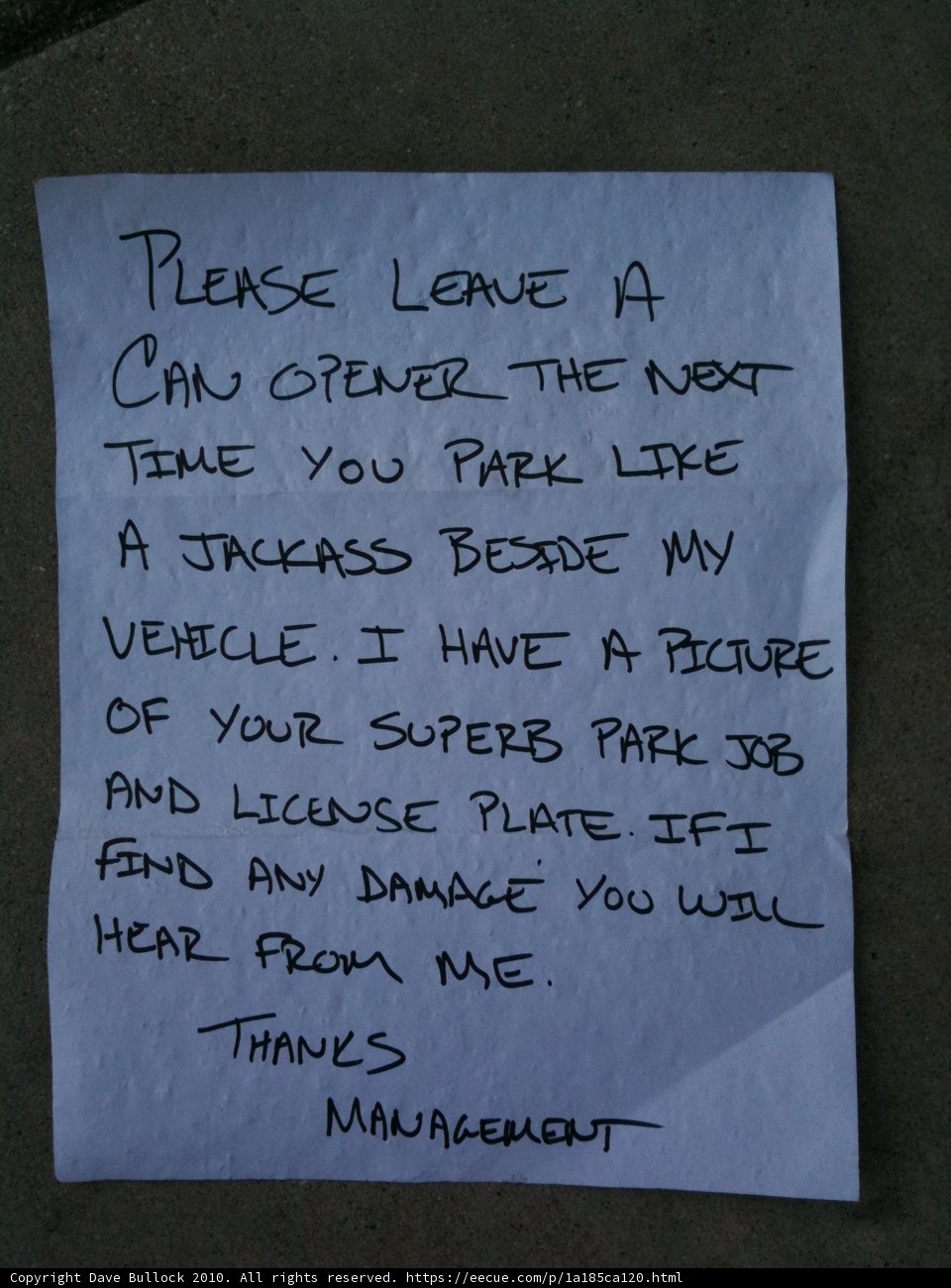 Handwritten Note on Business Card in the Parking Lot