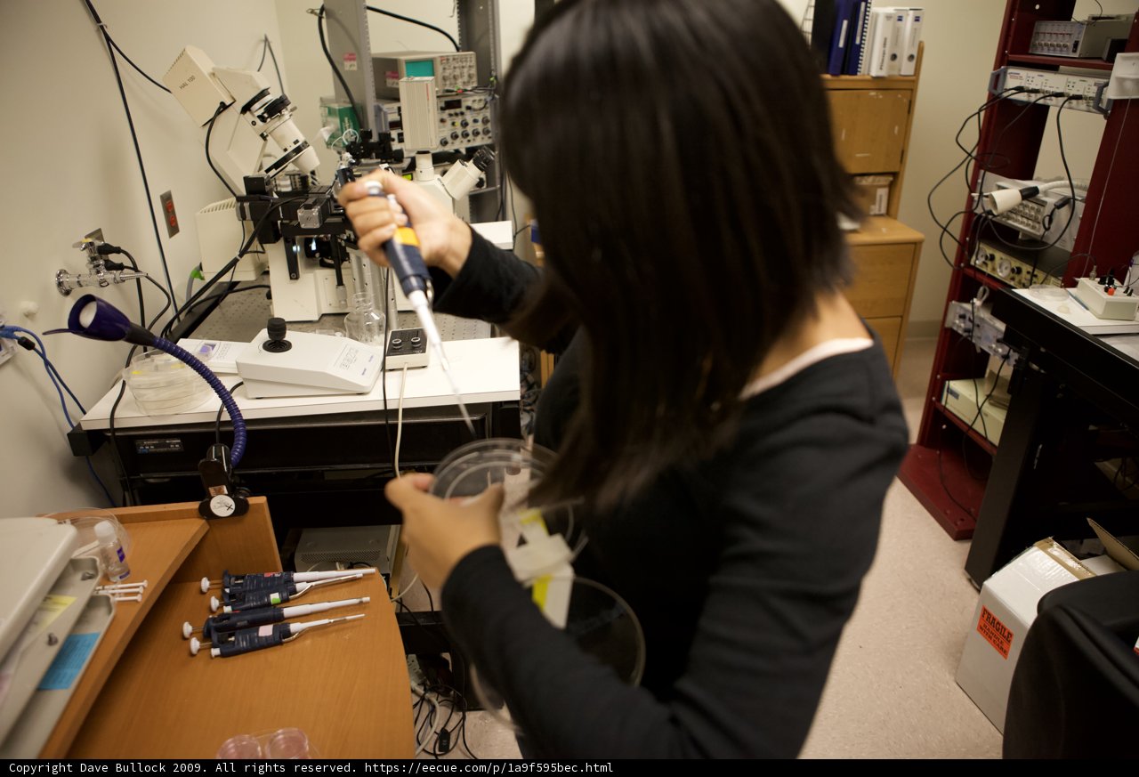 Woman with Optical Equipment in Laboratory