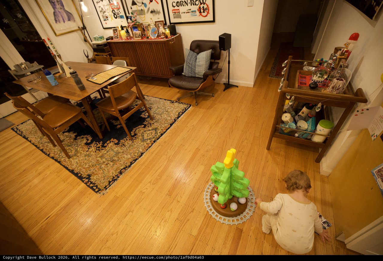 Child Playing with Toy Palm Tree in Mid-Century Modern Living Room