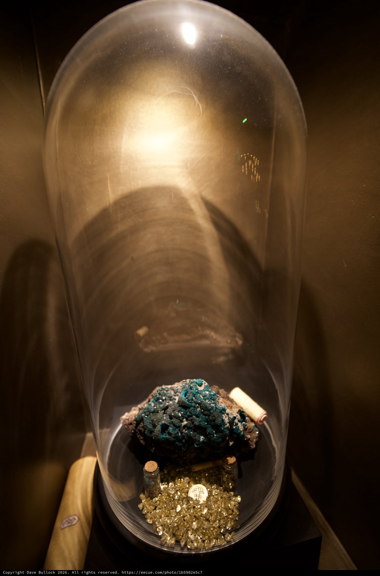 Turquoise Mineral and Gold Specimens Under Glass Display